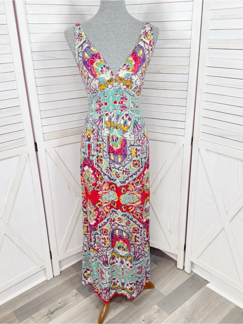 Angie Printed Boho Halter Maxi Dress Multicolor Large Smocked Back Sundress